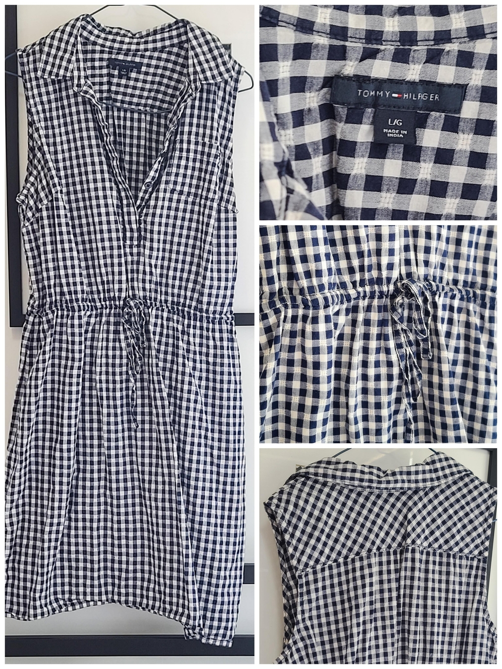 Tommy Hilfiger Navy & White Gingham Drawstring Shirt Dress